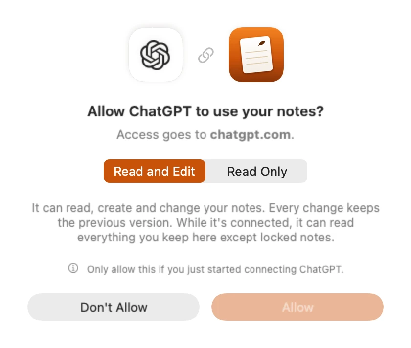 Amber Notes on a Mac asking "Allow ChatGPT to use your notes?": access goes to chatgpt.com, a choice of Read and Edit or Read Only, and a line saying that while it's connected it can read everything except locked notes.