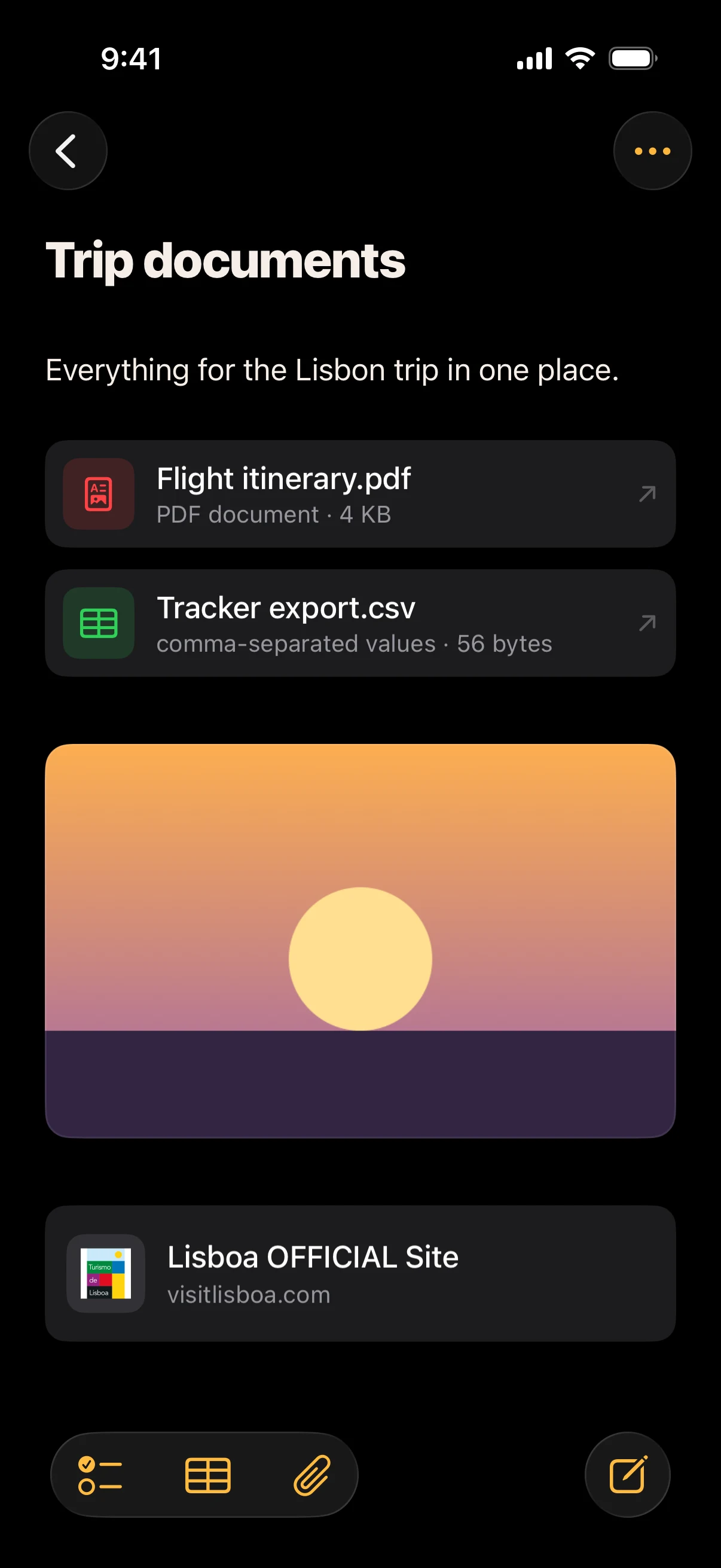 Amber Notes on iPhone in dark mode: a Trip documents note holding a PDF, a CSV file, a photo and a link.