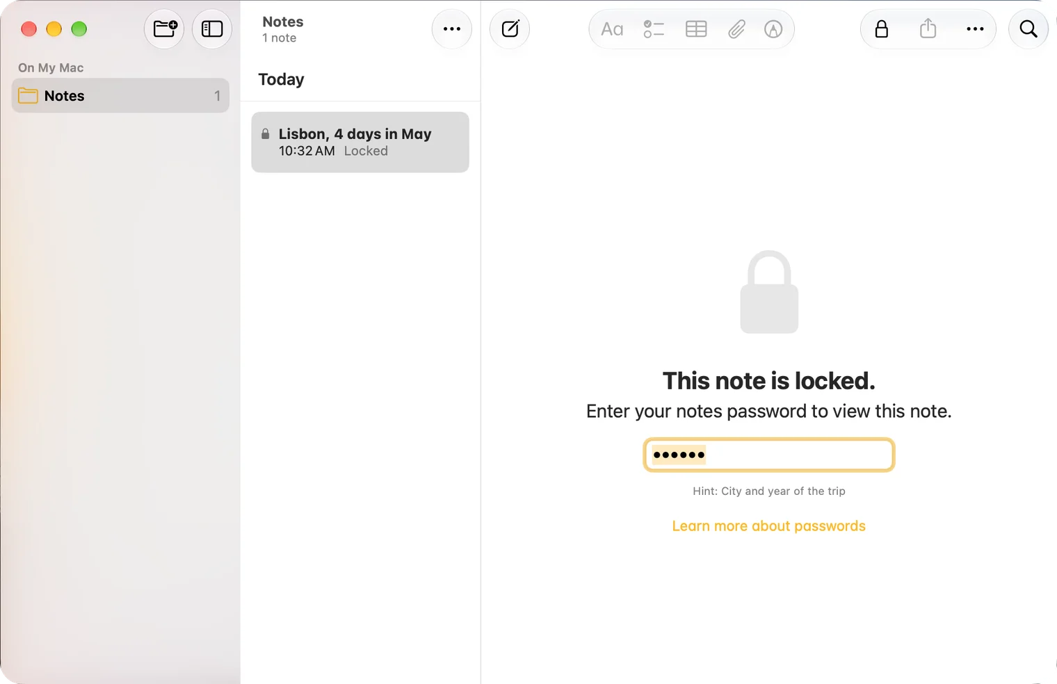 The Apple Notes window on macOS 27 with a locked note selected: This note is locked. Enter your notes password to view this note. Below the password field: Hint: City and year of the trip.