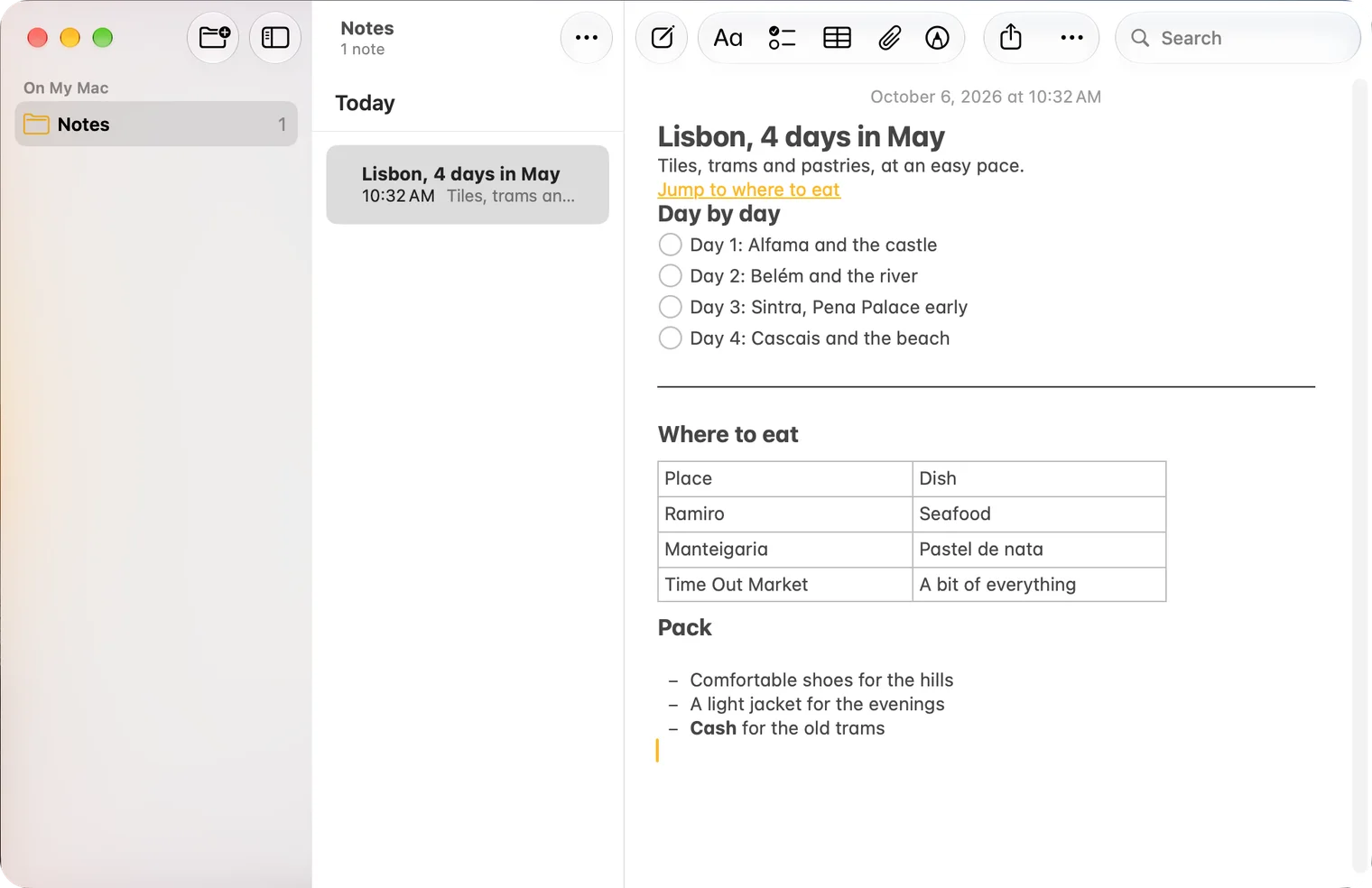 The Apple Notes window on macOS 27, On My Mac in the sidebar, showing a Lisbon trip note: a title, a link reading Jump to where to eat, a Day by day heading with a four-item checklist, a divider line, a Where to eat heading with a table of places and dishes, and a Pack list pasted as Markdown with Cash in bold.