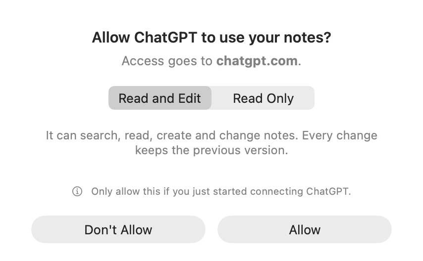 Amber Notes asking to let ChatGPT use your notes, with Allow and Don't Allow