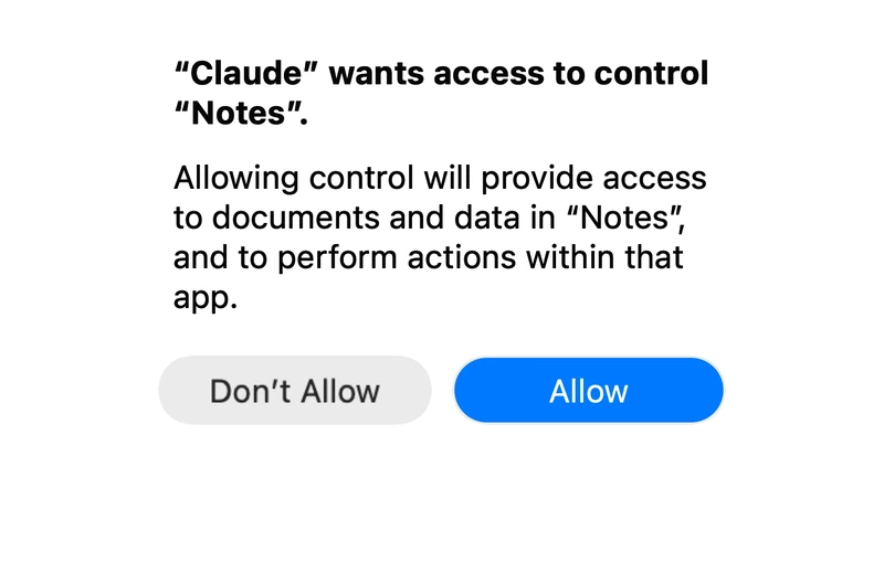 The macOS prompt asking to let Claude control Notes