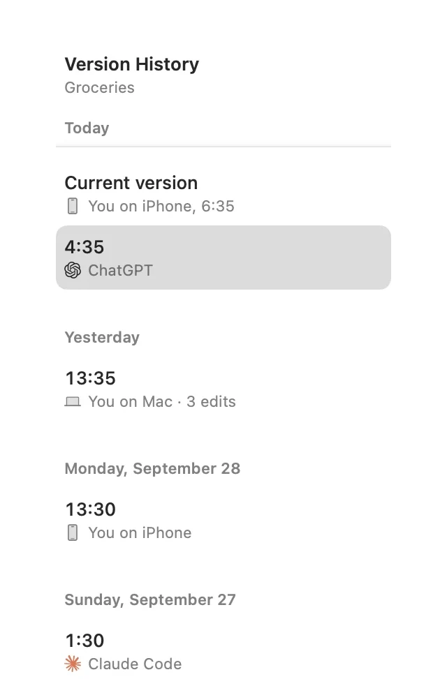 Version history for a note, listing who made each version