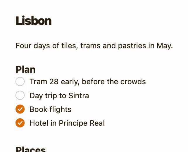 A Lisbon trip note with a plan checklist
