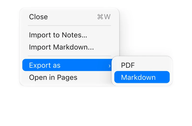 The Apple Notes File menu open at Export as, with Markdown selected