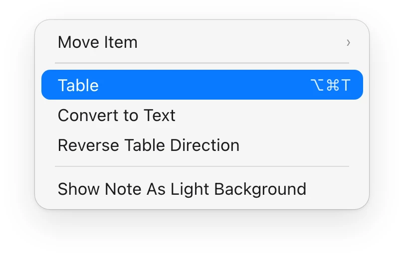 The Apple Notes Format menu on a Mac, open at Table