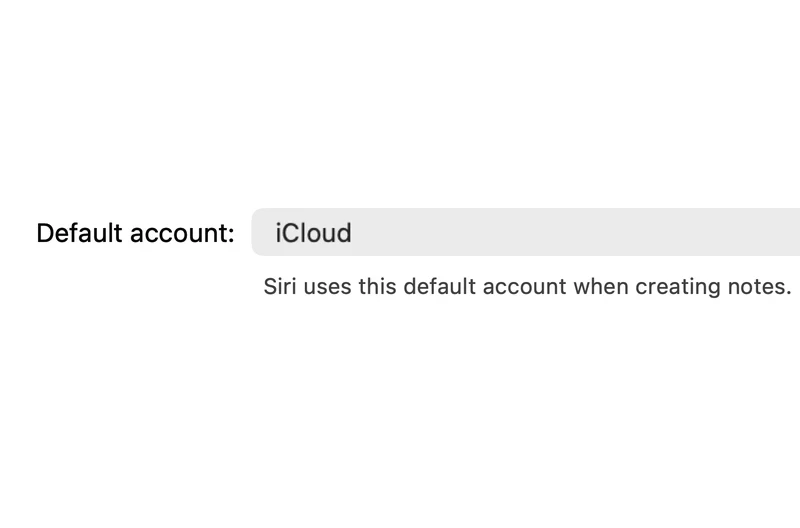 Apple Notes settings on a Mac with Default account set to iCloud