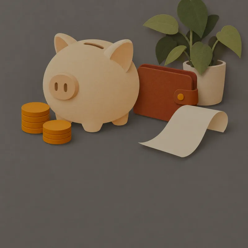 Paper-cut piggy bank with stacks of coins, a wallet and a receipt