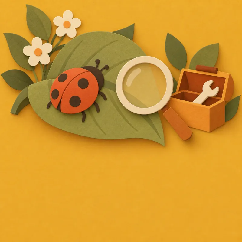 Paper-cut ladybird on a leaf beside a magnifying glass and a toolbox
