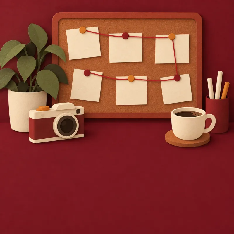 Paper-cut pinboard of cards joined by red string, with a camera and a coffee cup