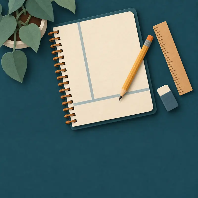 Paper-cut spiral notebook with its page split into a cue column, a notes column and a summary band, beside a pencil, a ruler and an eraser
