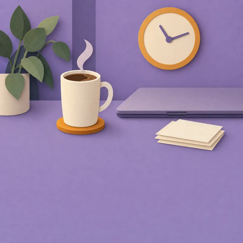 Paper-cut desk in the morning, with a coffee mug, a closed laptop and a wall clock