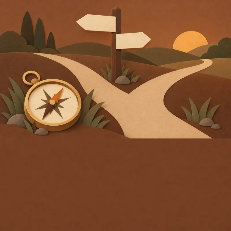 Paper-cut signpost where a path splits in two, with a compass in the grass at dusk