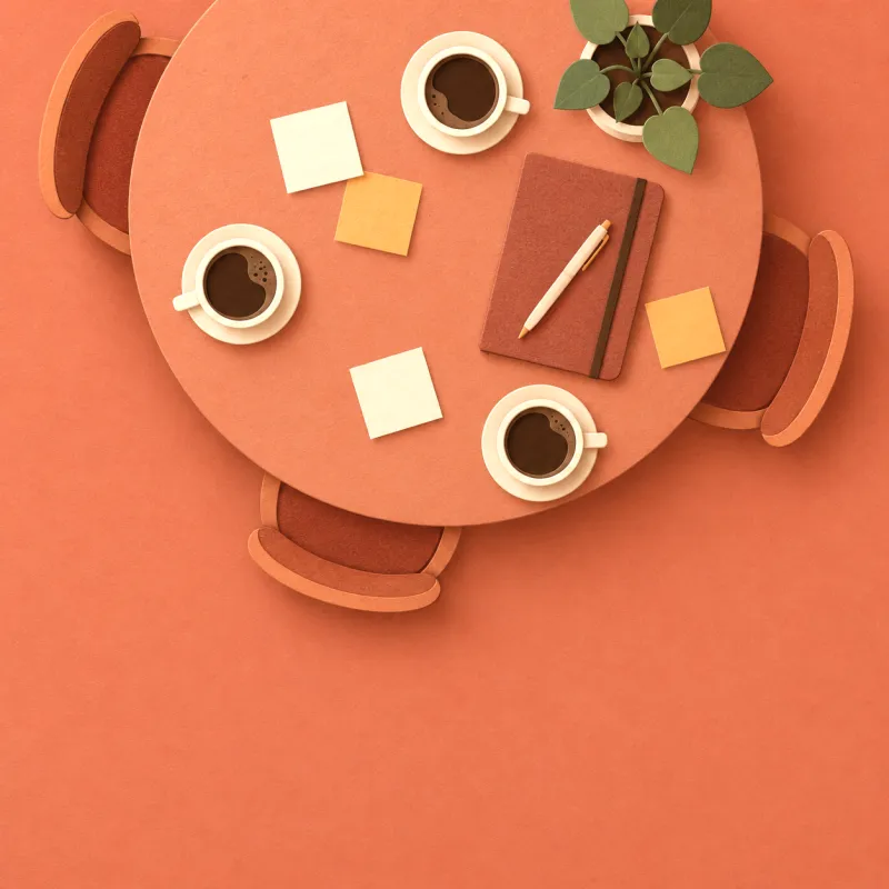 Paper-cut meeting table from above, with coffee cups, sticky notes and a notebook