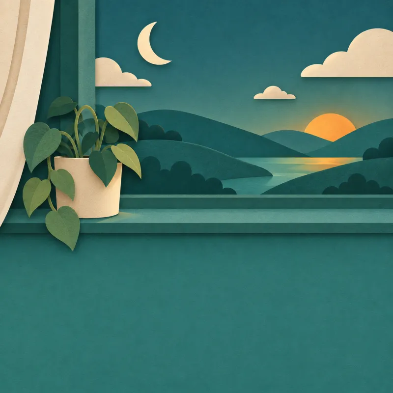 Paper-cut evening window with a crescent moon, a setting sun over hills and a plant