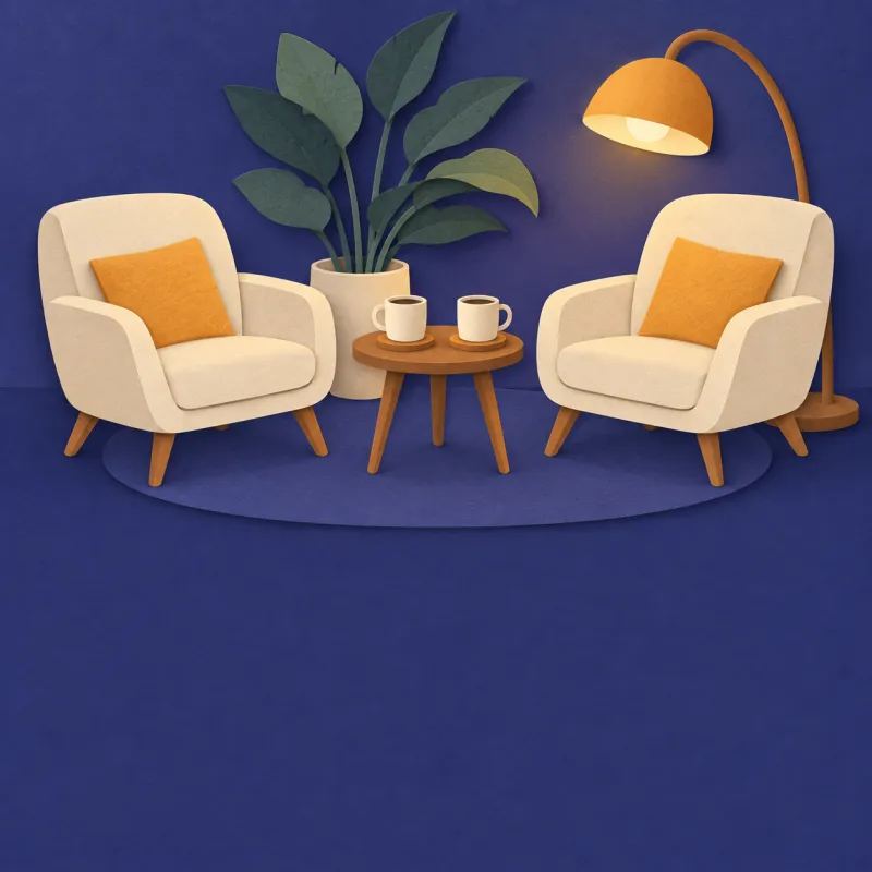 Paper-cut armchairs on either side of a small table with two mugs, under a floor lamp