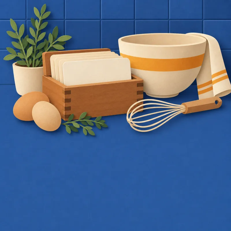 Paper-cut recipe box with a whisk, a mixing bowl, herbs and eggs