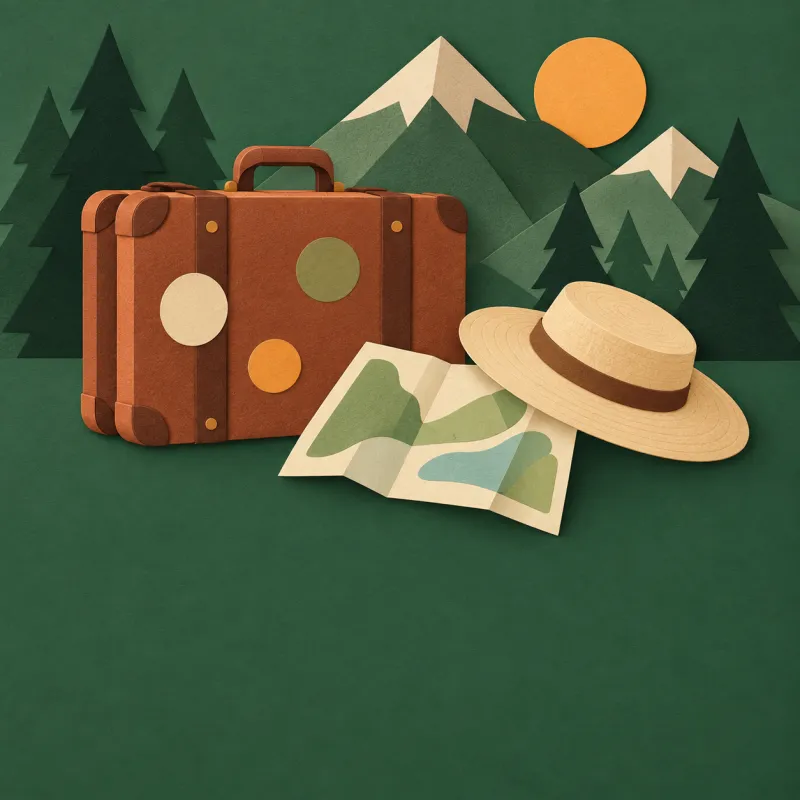 Paper-cut suitcase, folded map and straw hat in front of pine-covered mountains