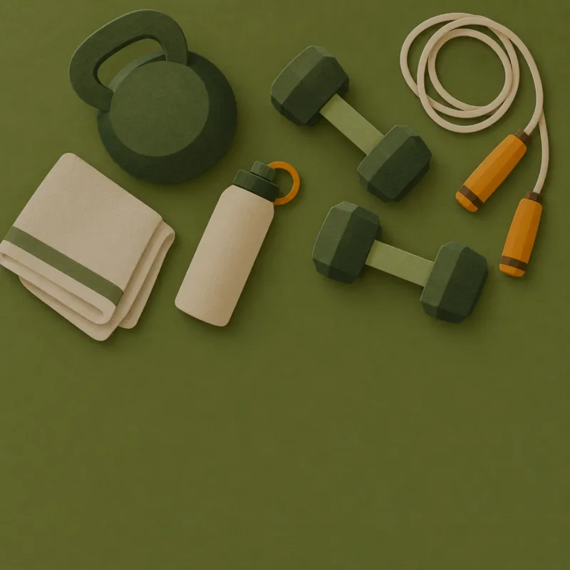 Paper-cut kettlebell, dumbbells, jump rope, water bottle and towel seen from above